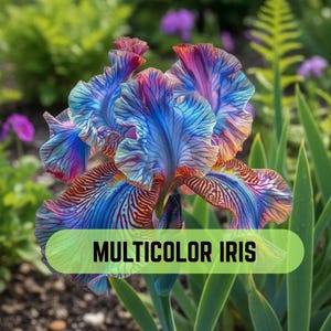 Könnte beinhalten: Eine lebendige, mehrfarbige Irisblüte mit blauen, violetten und orangen Farbtönen. Die Blütenblätter weisen komplizierte Muster und Texturen auf. Der Text "MULTICOLOR IRIS" ist auf einem grünen Banner vor grünem Laub zu sehen.