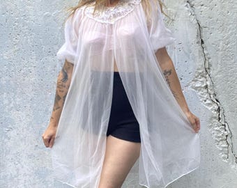 Vintage 1960s 60s, Avian Jr, sheer white, nylon bedcoat, layering, lingerie, duster, bridal, sexy, gift for her, holiday, photoshoot