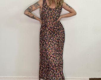 Vintage 1970s 70s, Classic India, made in india, indian cotton dress, maxi dress, floral, tiered, guazy, semi sheer, summertime, sexy, gift