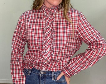 Vintage 1970s 70s, Rrrruss, by Russ Togs, western shirt, button down, ruffle front, cowboy carter, red black plaid, cowgirl, cute, gift