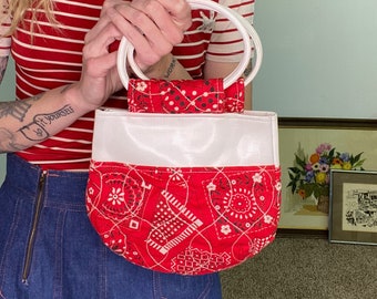 Vintage 1960s 60s, 70s, quilted purse, red bandana, white vinyl, circular handles, cute unique, prairie chic, handle bag, halloween costume