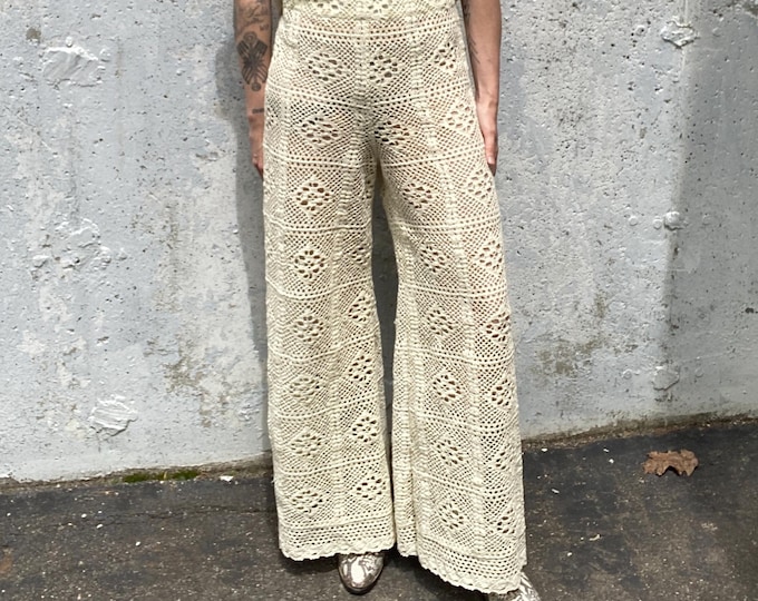 Handmade, Vintage textiles, wide leg pants, curtain panels, elastic waist, sheer, cover up, lace pants, sustainable fashion,
