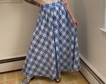 Vintage 1970s 70s, Micmac st tropez, blue and white, plaid, maxi skirt, hostess, summer, spring,