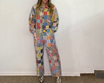 Handmade Coveralls, Feedsack, Quilt top, patchwork, jumpsuit, zip front, flight suit, pockets, one of a kind, champlain valley,  colorful,