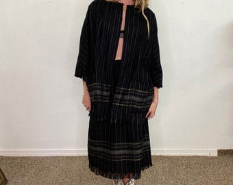 Vintage 1980s 80s, 1970s, handmade set, woven textile, blanket coat, skirt and coat, black grey, fringe hem, unique, two for one, gift