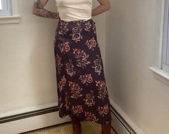 Vintage 1990s 90s, Atlast Co, floral maxi skirt, purple, maroon, roses, printed, silky, easter,