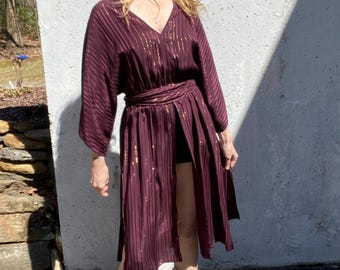 Vintage 1980s 80s, Soo Yung Lee, silk batwing dress, split hem dress, lurex gold, swim cover, luxurious robe, loungewear, palm springs