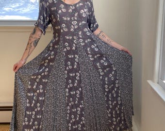 Vintage 1980s 80s, Nostalgia, pale lavander, grey, floral, contrasting prints, maxi dress, short sleeve, pleated, romantic, summer