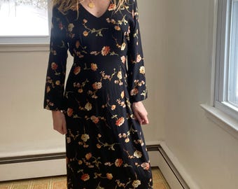Vintage 1990s 90s, Zoe California, printed floral, black dress, tie back, long sleeve, midi, romantic goth