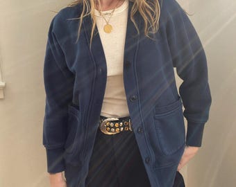 Modern, Alex Mill, Blue cardigan, cotton, heavyweight, sweatshirt, warm, cozy, pockets, grandpa cardi, gift, layering