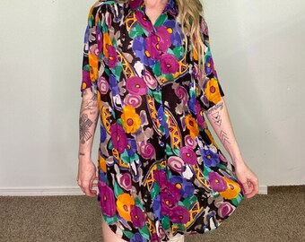 Vintage 1980s 80s, Venezia, button down, sheer, floral abstract, painterly, printed, bright colors, rounded hems, indian cotton, summer