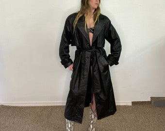 Vintage 1980s 80s, 1990s 90s, Worthington, Leather trench, trench coat, designer style, black leather, couture, gift, classic, closet staple