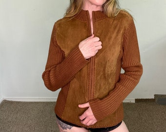 Vintage 1980s 80s, 1990s 90s, y2k, brown leather, leather and knit, sweater, zip up, coat, jacket, hippie boho, layering, soft cozy, gift