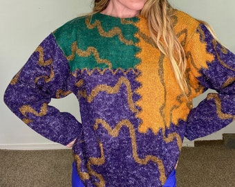 Vintage 1980s 80s, Mr Jax, Made in Italy, squiggle sweater, gold purple green, pullover, unique, one of a kind, italian wool, artsy abstract