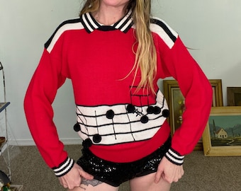 Vintage 1980s 80s, 1990s 90s, Vicky Vaughn, Musical notes, 3d sweater, novelty sweater, one of a kind, red black white, pullover, gift