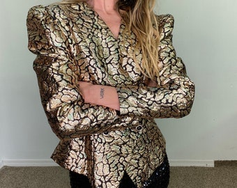 Vintage 1980s 80s, 1990s 90s, Gold Blazer, textured, animal print, futuristic, shoulder pads, asymmetrical, v neck, holiday, black tie event