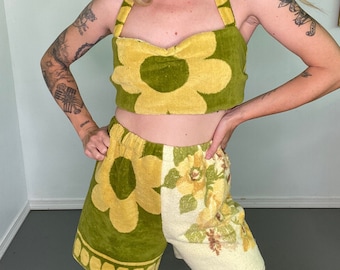 Handmade towel set, vintage towels, green yellow, happy bright, reversible top, terrycloth, sustainable fashion, upcycle, one of a kind gift