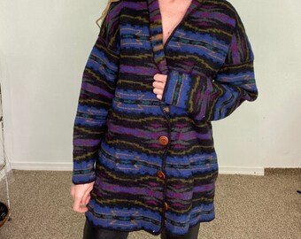 Vintage 1980s 80s, 1990s 90s, wool sweater, alps world best, blue purple, oversized, blazer sweater, christmas gift, aztec navajo, unique