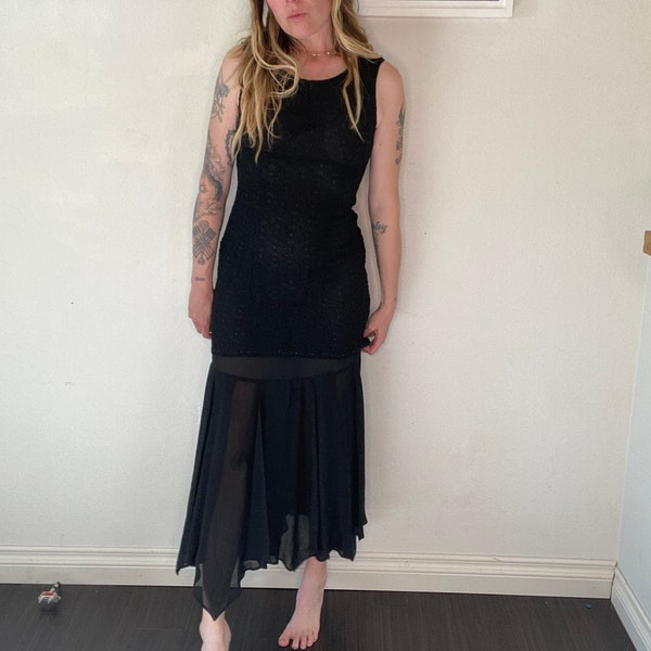 Vintage 90s, 1990s, rayon, nylon, long black dress, maxi, overlay, lace, date night, wedding guest, fitted, twirly dress, MICA, dancing