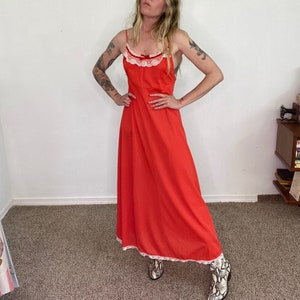 Vintage 1970s 70s, slipdress, sears jr bazaar, orange red, lace details, bib dress, spaghetti straps, sexy sheer, layering, summertime, maxi