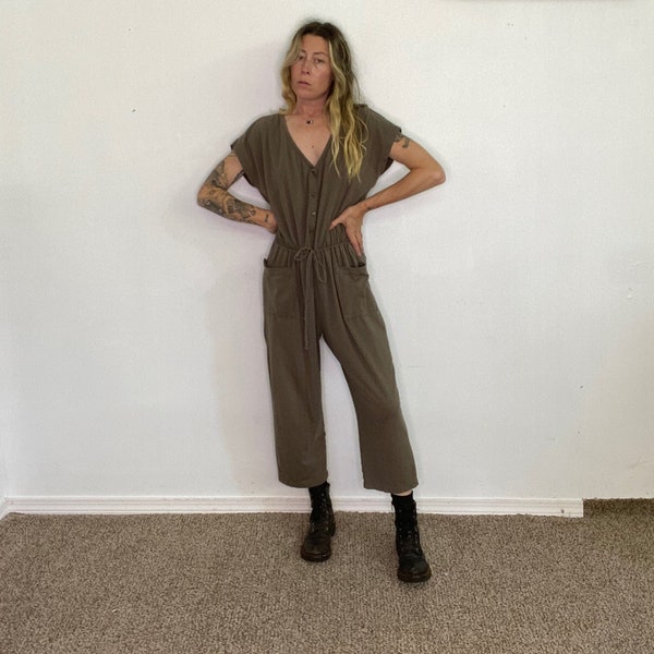 Vintage Modern, Normal Kamali, Jumpsuit, stretchy romper, drawstring tie, buttons, short sleeve, easy comfy, olive green, soft, gift