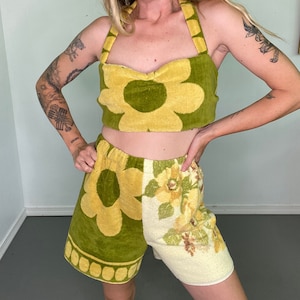 Handmade towel set, vintage towels, green yellow, happy bright, reversible top, terrycloth, sustainable fashion, upcycle, one of a kind gift