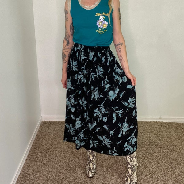 Vintage 1990s 90s, y2k, Clio skirt, black, light blue floral, artsy, abstract, midi length, elastic waist, flowy summer, easy, mothers day