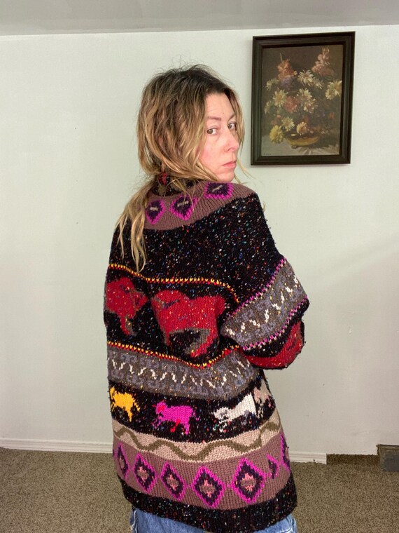 Vintage 1980s 80s, susann d, hand knit, wool sweater, pullover, magical, unicorns, bulls, pink yellow, black, rolled neck, gift, christmas View 6