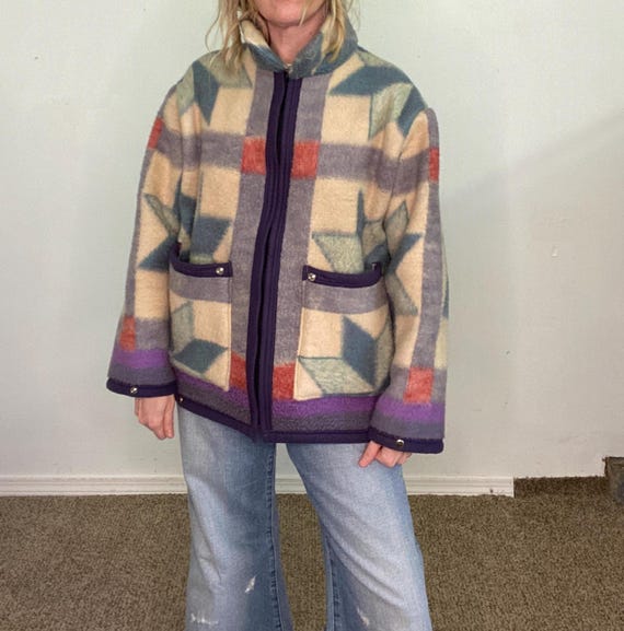Handmade, blanket coat, quilt coat, virgin acrylic, reversible jacket, zipper, 8 pointed star, purple, pockets, sustainable design, gift,