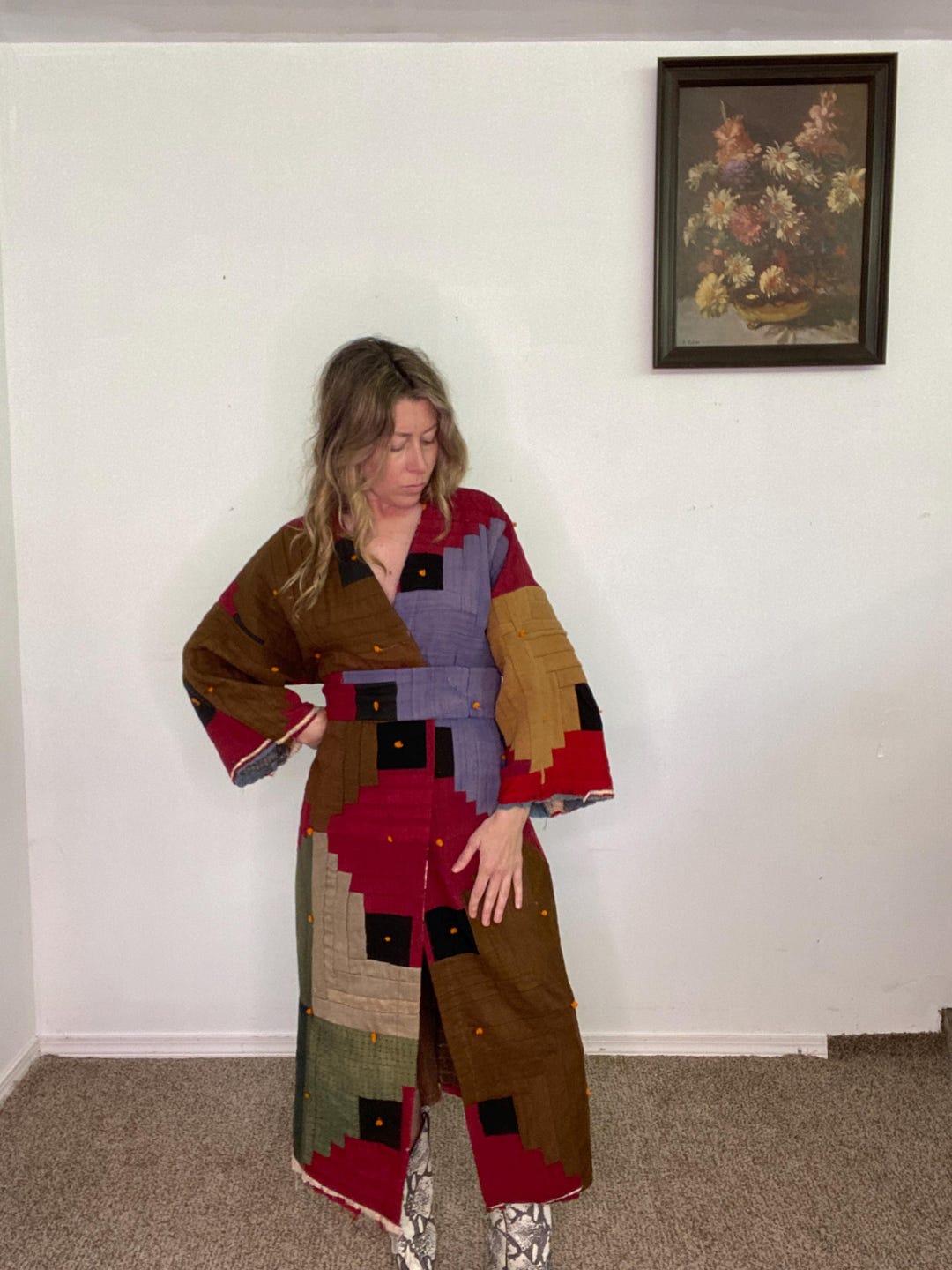 Handmade Robe, Duster Jacket, Log Cabin Quilt, Quilted Robe, Vintage ...