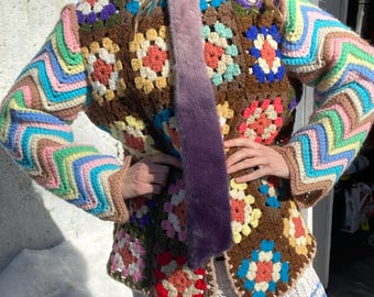Vintage, handmade, sweater coat, granny afghan, chevron knit, candy colors, easter, vibrant colorful, sustainable fashion, ombre fur