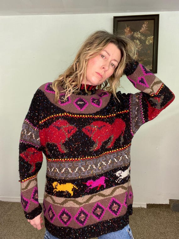 Vintage 1980s 80s, susann d, hand knit, wool sweater, pullover, magical, unicorns, bulls, pink yellow, black, rolled neck, gift, christmas View 5
