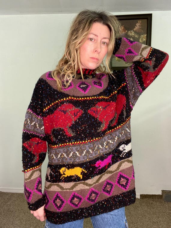 Vintage 1980s 80s, susann d, hand knit, wool sweater, pullover, magical, unicorns, bulls, pink yellow, black, rolled neck, gift, christmas View 4