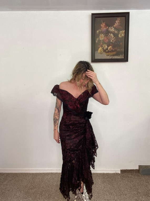 Vintage 1970s 70s, Black lace dress, off the shoulder, fitted bodice, gathered skirt, flower detail, assymetrical hem, antique western, goth Vintage 1970s 70s, Black lace dress, off the shoulder, fitted bodice, gathered skirt, flower detail, assymetrical hem, antique western, goth