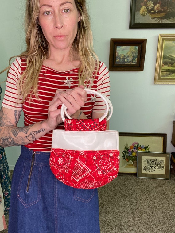 Vintage 1960s 60s, 70s, quilted purse, red bandana