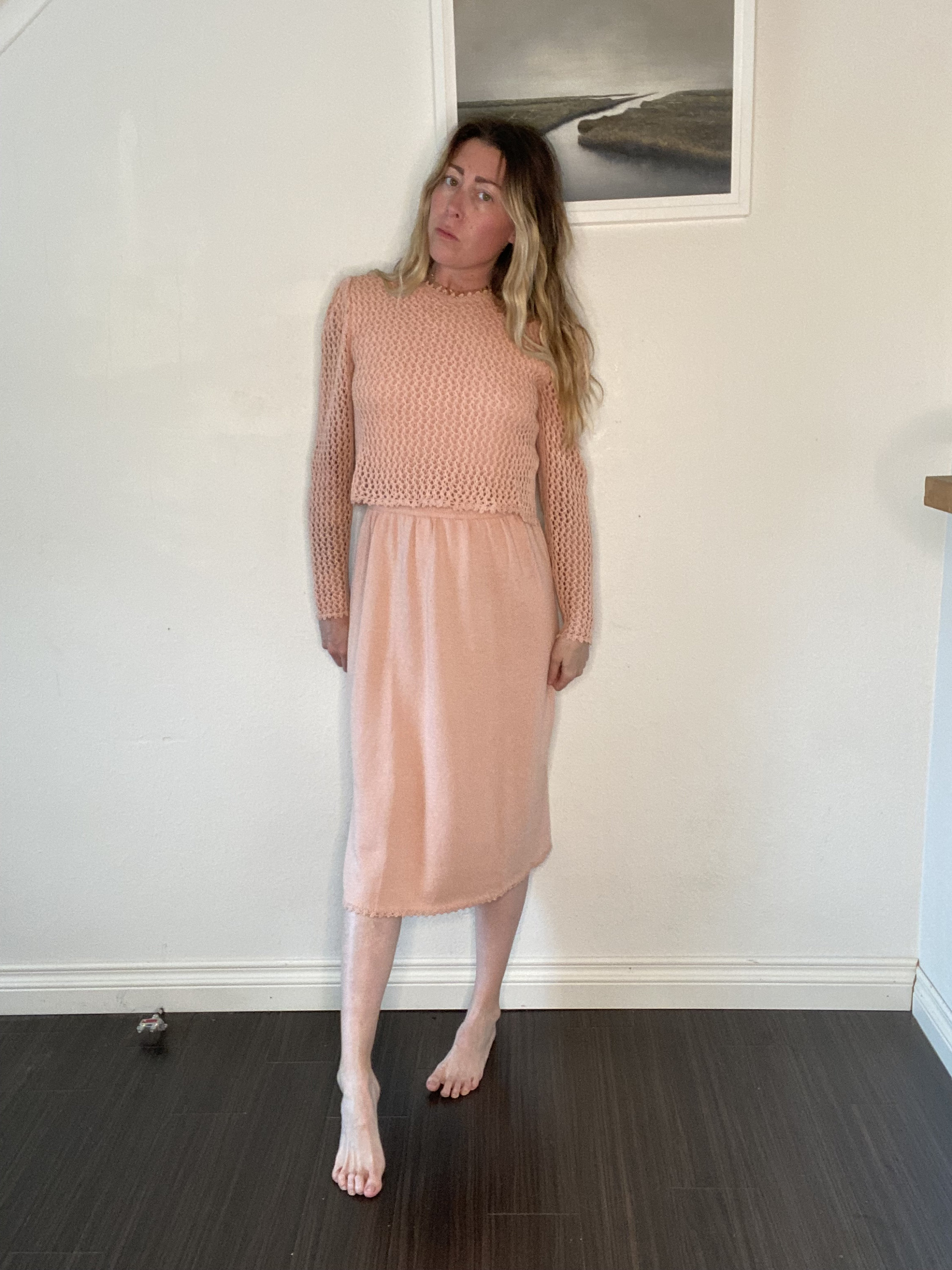 Vintage 60s, 1960s, 70s, hand knit, crochet, pink, Derek Rayne, Carmel by the Sea, Dana Hogan, sheer sleeves, fancy, date, wedding guest
