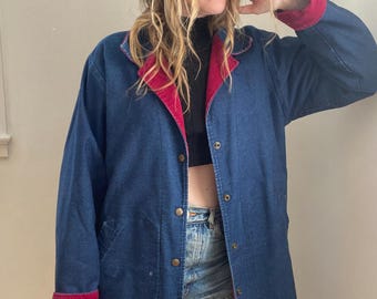 Vintage 1980s 80s, LL Bean, reversible coat, denim, burgundy, corduroy, rare, farm coat, barn jacket, chore coat, outsider, shacket, fall