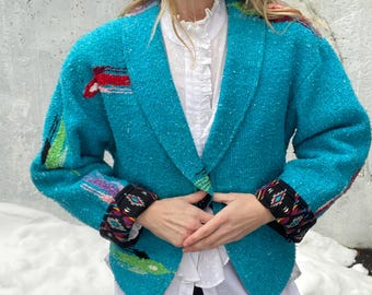 Vintage, Sage in Bloom, handmade, pam layne, cropped jacket, western, chimayo, teal blue, reversible, woven