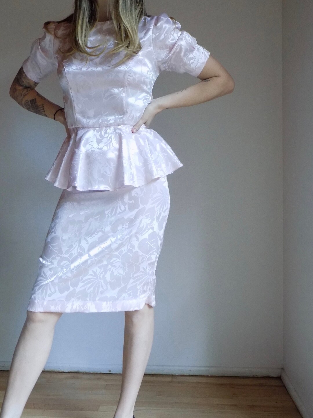 Vintage 1980s 80s Dress Secretary Dress Pale Pink Satin - Etsy Singapore