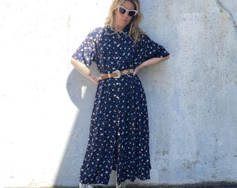 Vintage 1980s 80s, Jaque and Koko, Together, floral maxi dress, house dress, 80s does 40s, navy cream, summer festival, buttons open