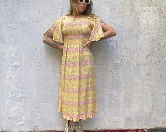 Vintage 1960s 60s, Nipon Boutique, tailored, pleated, split sleeve, springtime, designer, couture, ruffles, floral, easter, pastel