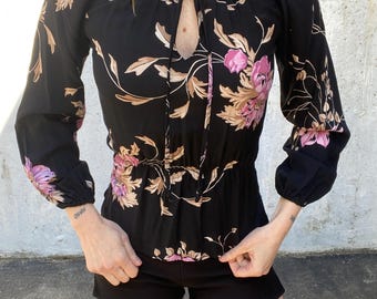 Vintage 1970s 70s, Ragtime, off the shoulder, adjustable, crop top, keyhole, ties, peplum, black floral, pink brown, boho, summer