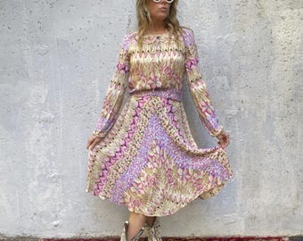 Vintage 1970s 70s, Saks Fifth Ave, Young Dimensions, Designer, couture, trippy, floral, midi dress, long sleeve, hippie, spring