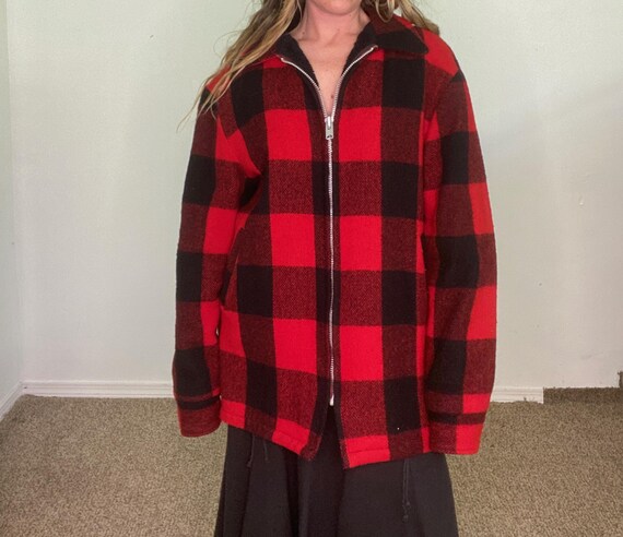 Vintage 1970s 70s, 1980s 80s, Woolrich Coat, Buffalo Check, Red