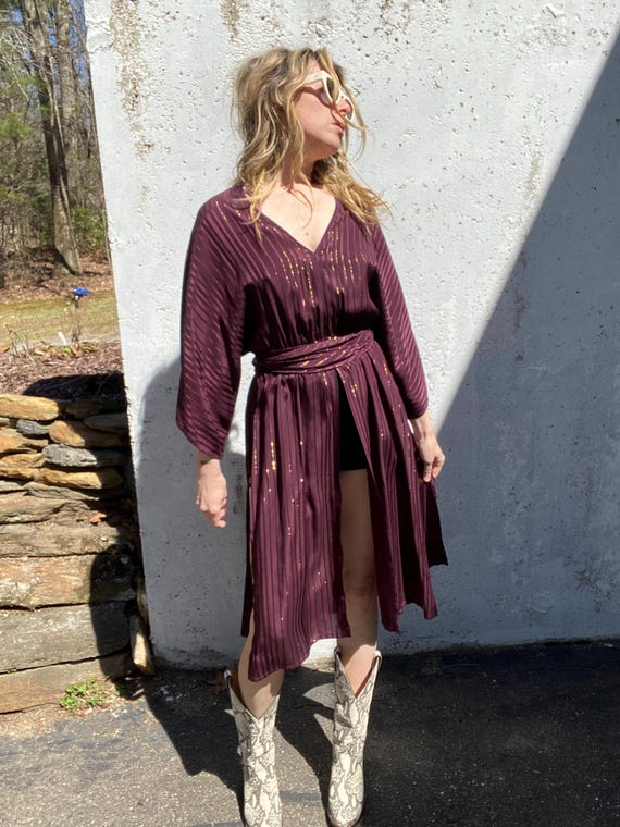Lee, Vintage 1980s 80s, Soo Yung Lee, silk batwing dress, split hem dress, lurex gold, swim cover, luxurious robe, loungewear, palm springs