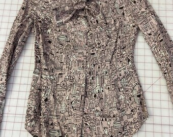 Vintage 1990s 90s, Moschino, Cheap and Chic, pussybow blouse, city scape, new with tags, deadstock, long sleeve, silk, made in Italy