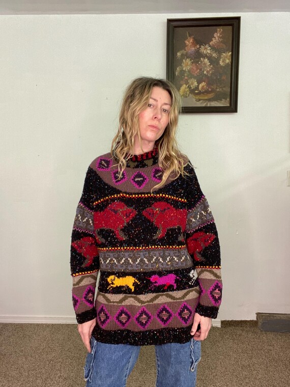 Vintage 1980s 80s, susann d, hand knit, wool sweater, pullover, magical, unicorns, bulls, pink yellow, black, rolled neck, gift, christmas View 2