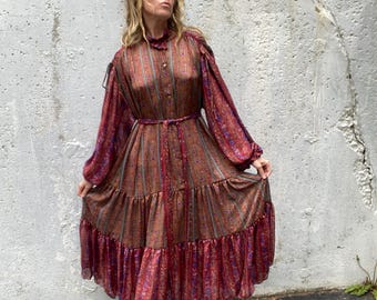Handmade, vintage textiles, silk floral, drawstring sleeves, billowy boho, tiered ruffles, oversized, belted, summer, festival, sustainable