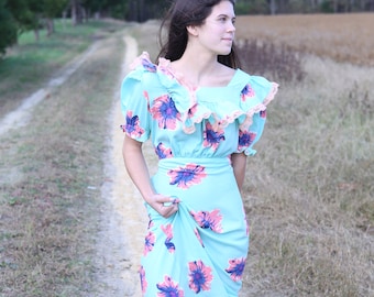 Handmade 40s style dress, Vintage Rayon fabric, Floral rayon, Blue with pink and purple flowers, pink lace trim, puff sleeve, tie back, bias