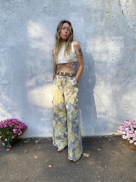 Handmade, Cargo Pants, One of one, Sustainable design, floral upholstery, blue yellow, springtime, chic, summer, wedding, mothers day, gift